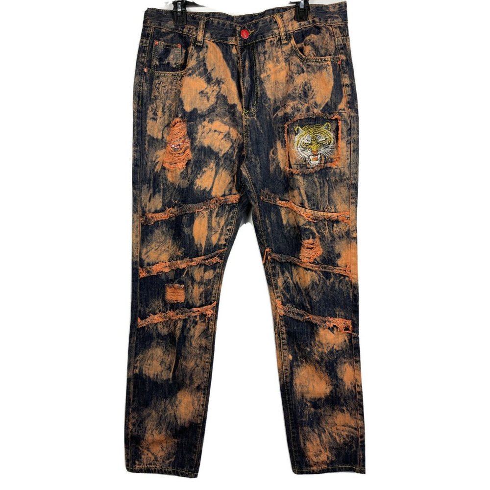 Mens "Parva Milano"  34 X 32 Tiger Orange Destress Painted Jeans Street Wear